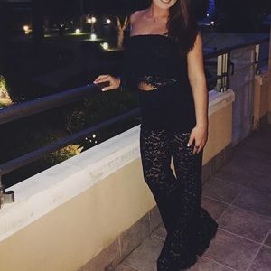 Zara Navy Blue 2 piece Guipure Lace Top Pant Set